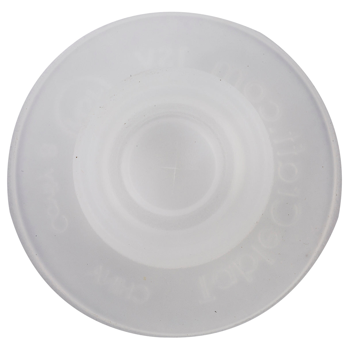 A translucent, frosted silicone suction cup with circular ridges and a faint cross mark at the center, resembling a silicone valve. Raised text and symbols line the edges, all in soft white, against a white background. Dishwasher safe for easy cleaning.