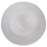 A translucent, frosted silicone suction cup with circular ridges and a faint cross mark at the center, resembling a silicone valve. Raised text and symbols line the edges, all in soft white, against a white background. Dishwasher safe for easy cleaning.
