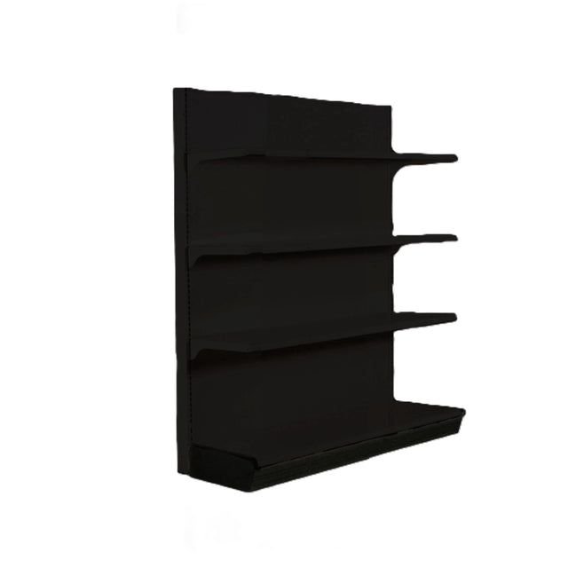 A black, wall-mounted shelving unit from Kent Unlimited with four evenly spaced shelves and a solid vertical back panel, offering sleek wall storage cabinet functionality. The dimensions are 48x15x72. The background is plain white.