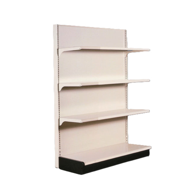 A beige metal wall shelving unit with four horizontal shelves is mounted against a matching back panel. The bottom shelf features a black front edge. Ideal for organizing spaces, this Kent Unlimited design stands out against the plain white background.