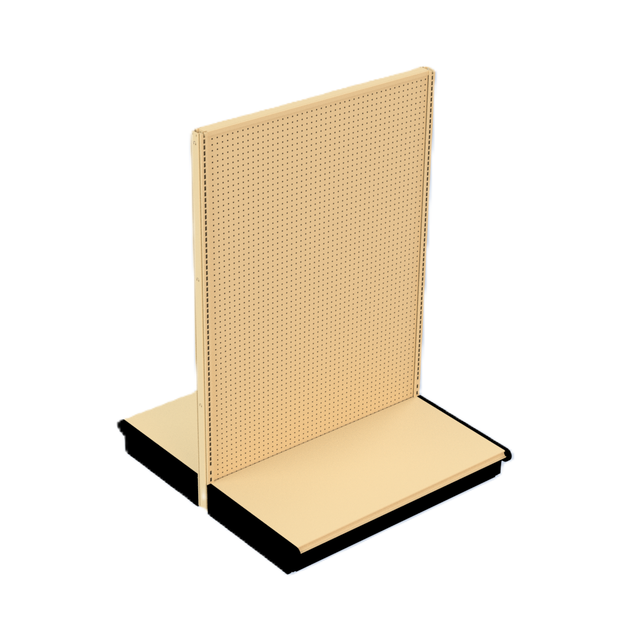 A beige metal display shelving unit by Kent Unlimited, featuring two pegboard-style upright panels in an L-shape. Each gondola panel has a flat base shelf, and the unit is empty, isolated on a white background.