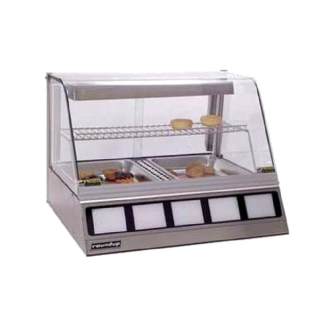 Antunes DCH-200 Heated Display Cabinet Holds (2) Full Size Pans 2-1/2" Deep Stainless Steel And Curved Tempered Glass Construction