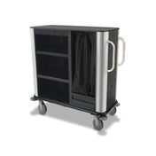 Forbes Industries 2279 Plastic Housekeeping Suite Cart Three Shelves In A 21.5”W X 51”D X 50.5”H Large Black Cabinet With Rounded Stainless Steel Corners And Vertical Handles