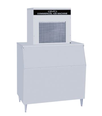 A large, high production ice machine with a rectangular metal body and vented top stands on four legs. The prominent front panel dispenses ice and is labeled Commercial Ice Machine, ideal for businesses needing a reliable Chunklet Ice Maker.