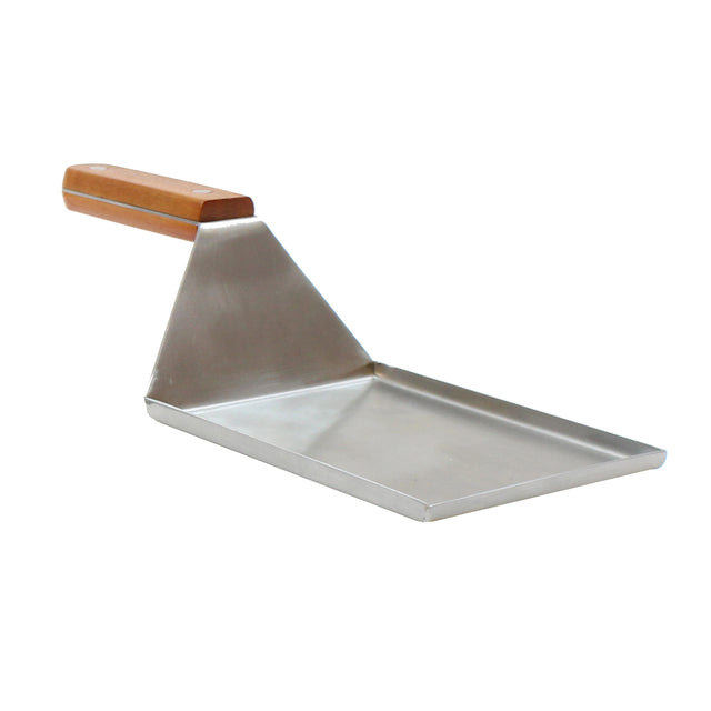 A metal dustpan with a flat, rectangular base and slightly raised edges resembles a stainless steel spatula. It features a wide, triangular back that extends into a wooden handle and is positioned at an angle on a white background.