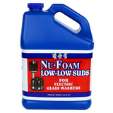 A blue plastic jug labeled Nu-Foam Low-Low Suds, a premium quality liquid detergent for underbar glass washing machines. The mostly red and white label with blue text features an image of a glass washer. Jug includes a screw cap and molded handle.