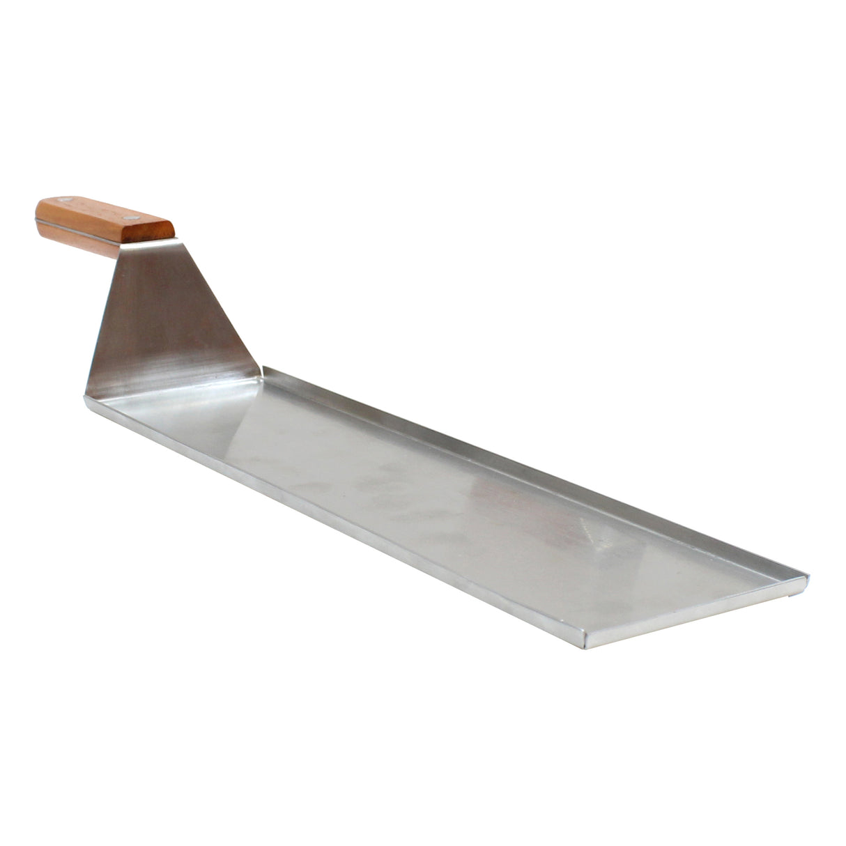 A rectangular stainless steel pizza peel with a flat, wide surface and slightly raised edges; it features an angled metal neck and a sturdy wooden handle attached for easy gripping and handling of pizzas. Dishwasher safe for convenient cleanup.