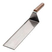 The Slider Flight Spatula is a large, rectangular stainless steel spatula with a wooden handle and two rivets. Its blade is long and flat with raised edges on three sides, while the angled handle ensures easy gripping. The background is plain white.
