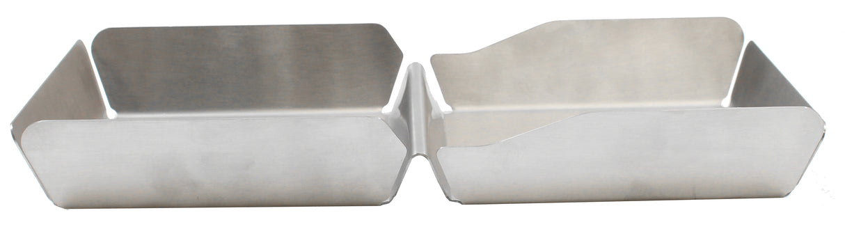 A pair of rectangular, stainless steel trays with slightly slanted sides are joined at the center by a vertical divider. The trays are clean, dishwasher safe, and reflective—perfect for organizing items or serving as a sleek Burger Box.