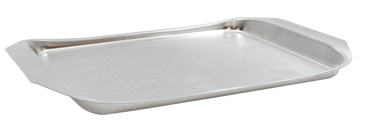 A rectangular, shallow stainless steel serving tray with wide handles on each short side. Part of the Better Burger Collection, it features a shiny, reflective surface and a subtle textured pattern on its base, set against a white background.