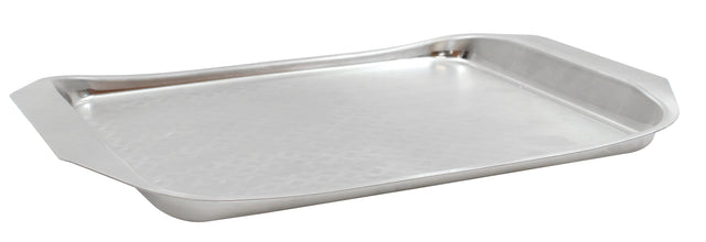 A rectangular, shallow stainless steel serving tray with wide handles on each short side. Part of the Better Burger Collection, it features a shiny, reflective surface and a subtle textured pattern on its base, set against a white background.