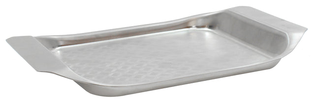 A rectangular, shallow stainless steel serving tray with slightly raised, angled sides and broad, flat handles on each end. The smooth, shiny surface features a subtle crisscross pattern, making it a stylish and dishwasher safe tray.