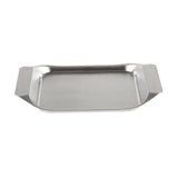 A rectangular stainless steel serving tray with slightly raised, angled edges and wide handles on both shorter sides. This dishwasher safe tray has a smooth, shiny surface and is photographed on a plain white background.