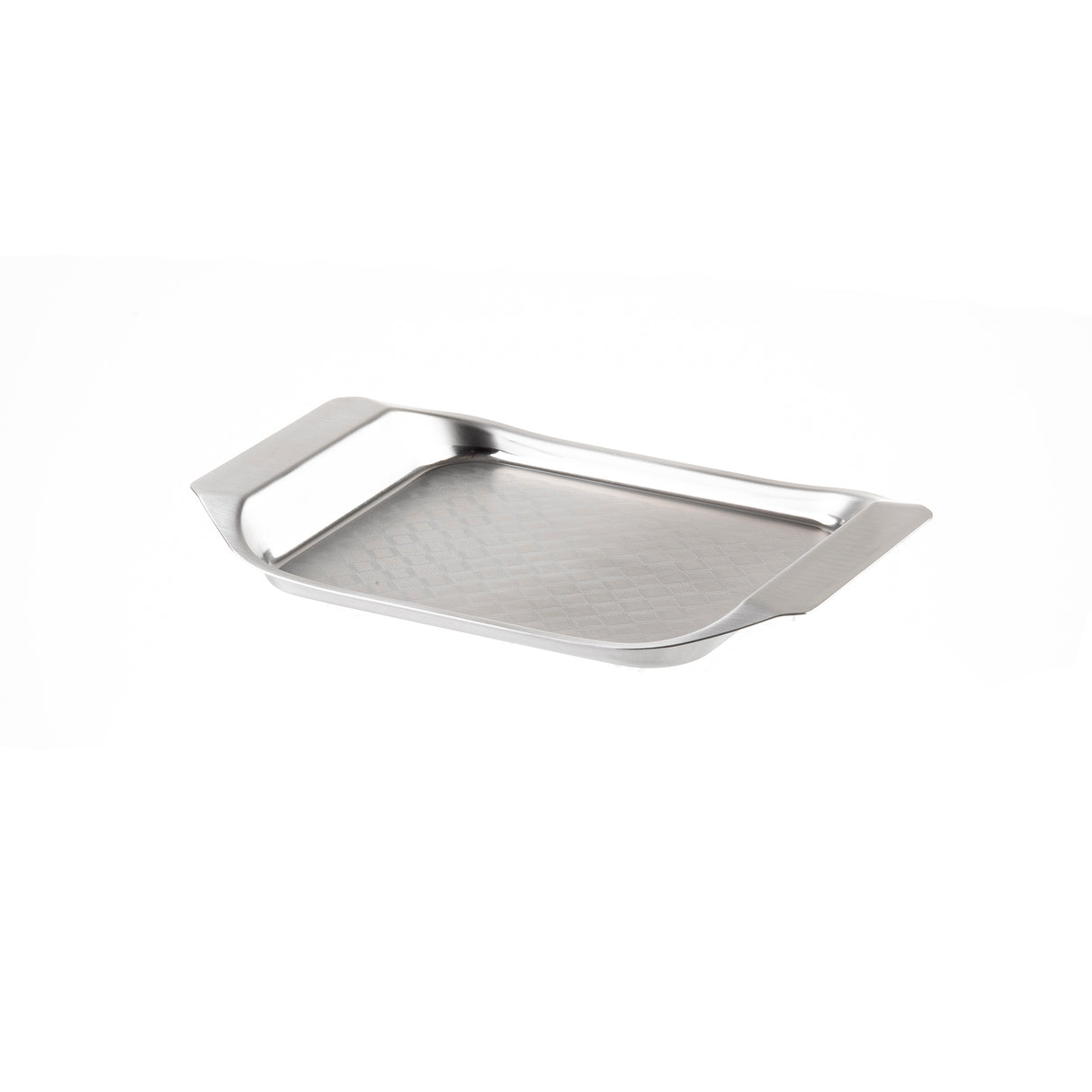 A stainless steel serving tray displayed on a white background.