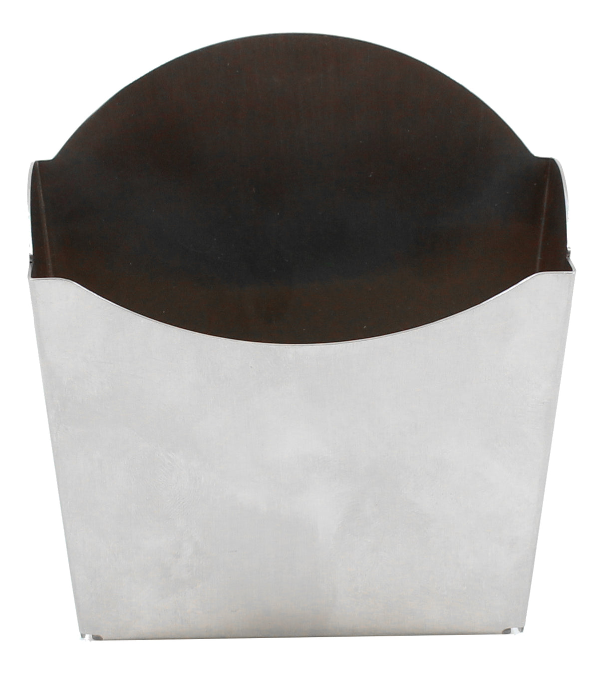 A metallic wall-mounted mail holder from the Better Burger Collection features a smooth stainless steel front panel and a darker bronze curved back, blending modern style with durability. The holder is empty and displayed against a white background.