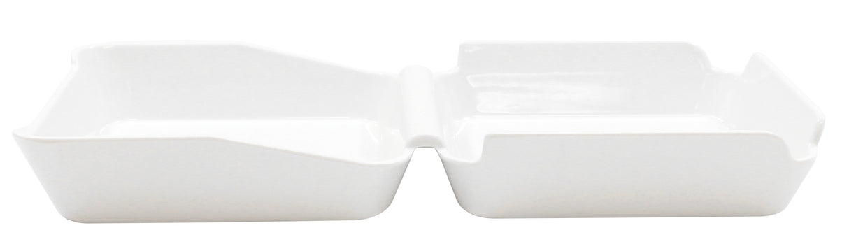 A white, rectangular melamine serving box with two connected compartments, each with slightly slanted sides and an open top, designed for serving sauces or small snacks; dishwasher safe and part of the Better Burger Collection. Photographed on a plain white background.