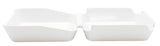 A white, rectangular melamine serving box with two connected compartments, each with slightly slanted sides and an open top, designed for serving sauces or small snacks; dishwasher safe and part of the Better Burger Collection. Photographed on a plain white background.