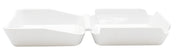 A white, rectangular melamine serving box with two connected compartments, each with slightly slanted sides and an open top, designed for serving sauces or small snacks; dishwasher safe and part of the Better Burger Collection. Photographed on a plain white background.