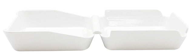 A white, rectangular melamine serving box with two connected compartments, each with slightly slanted sides and an open top, designed for serving sauces or small snacks; dishwasher safe and part of the Better Burger Collection. Photographed on a plain white background.