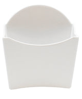 A plain, white, empty melamine fry box with a wide opening and slightly flared sides. The top edge is curved, and the smooth surface has no visible designs. Dishwasher safe, this container is photographed against a white background.