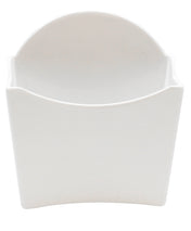 A plain, white, empty melamine fry box with a wide opening and slightly flared sides. The top edge is curved, and the smooth surface has no visible designs. Dishwasher safe, this container is photographed against a white background.