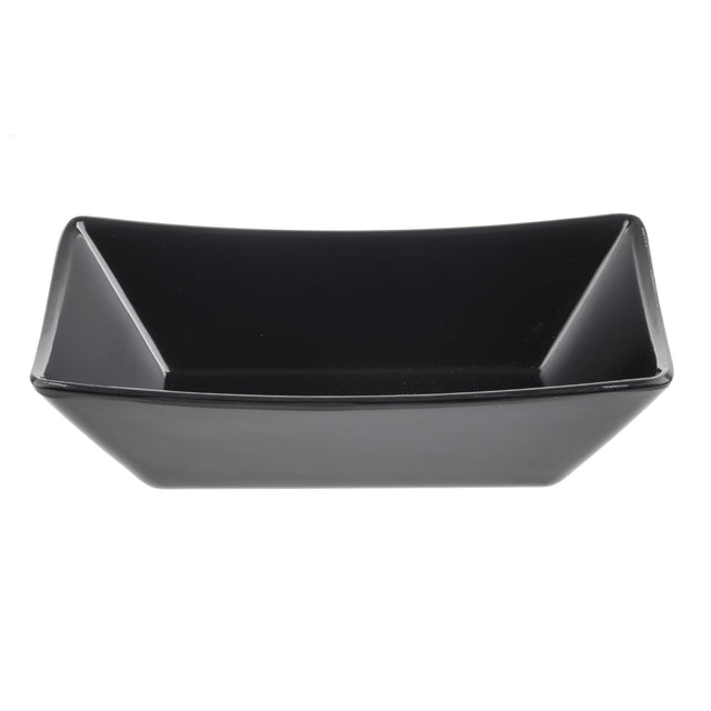 A rectangular, black ceramic bowl with angled sides and a glossy finish, photographed on a white background. Reminiscent of a Better Burger Fry Tray, it is empty and viewed from above, emphasizing its geometric shape and smooth surface.