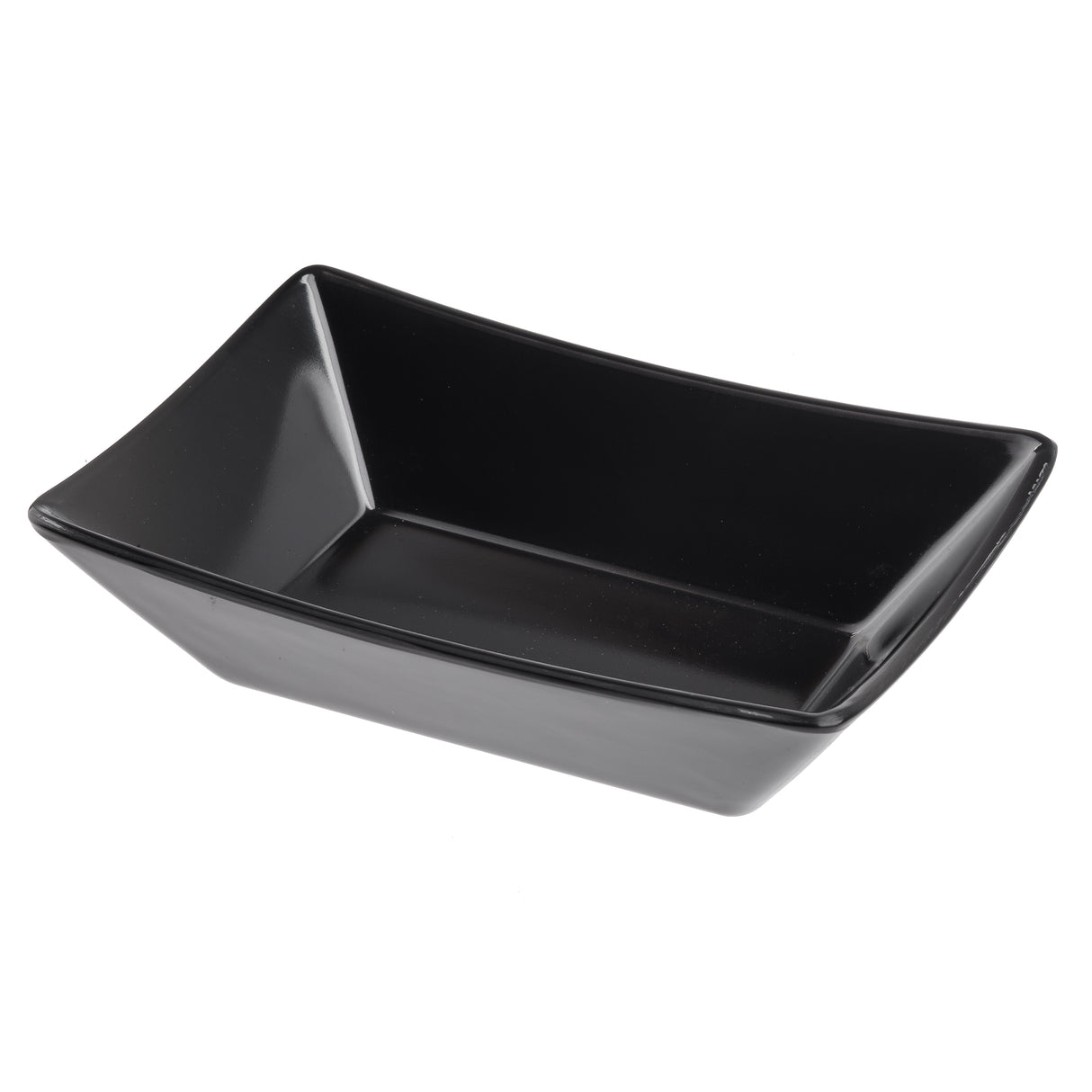 A black, rectangular, shallow melamine fry tray with slightly flared sides and a smooth, glossy finish is shown on a white background. The Better Burger Fry Tray is dishwasher safe and viewed at an angle from above.