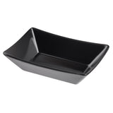 A black, rectangular, shallow melamine fry tray with slightly flared sides and a smooth, glossy finish is shown on a white background. The Better Burger Fry Tray is dishwasher safe and viewed at an angle from above.