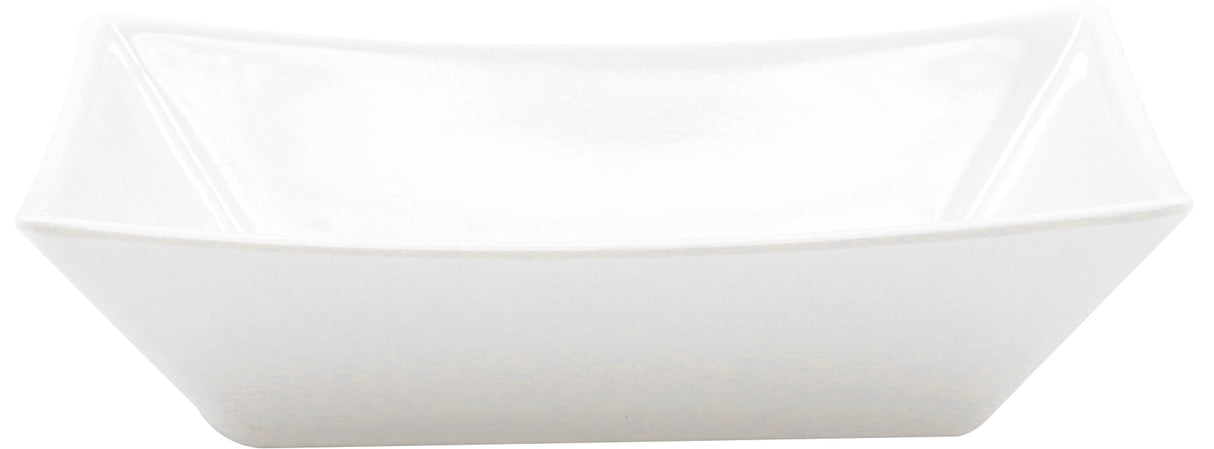 A rectangular, white melamine dish with slightly flared sides and rounded edges. The dish features a smooth, glossy surface and is empty, positioned on a white background—perfect as a fry tray from the Better Burger Collection.