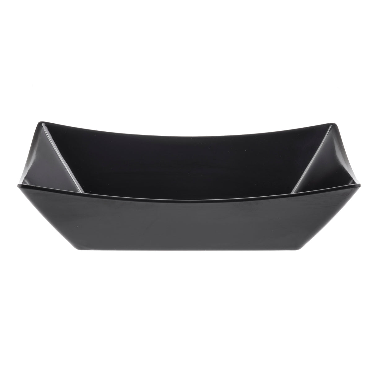 A black, glossy, square-shaped melamine bowl with flared, slightly curved sides and sharp corners is photographed against a plain white background. This modern, minimalist dish is dishwasher safe and features a smooth surface shown from a front angle.