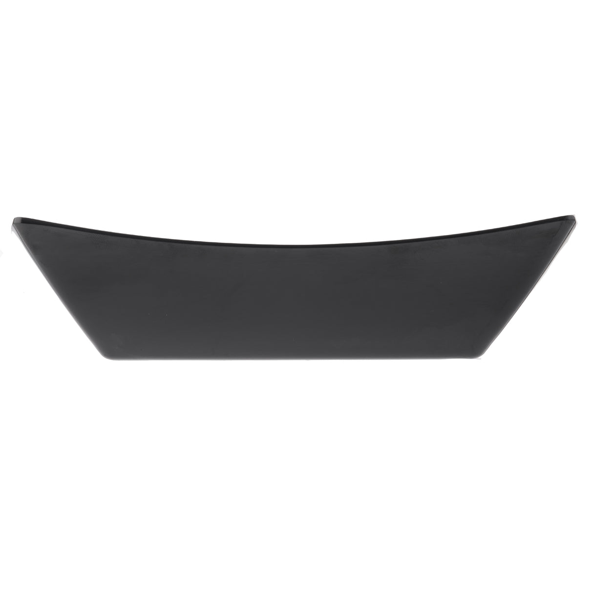 A sleek, rectangular black melamine plate with upturned edges, viewed from the side against a white background. The minimalist fry tray design creates a gentle curve, giving it a modern, elegant, and dishwasher safe appearance.