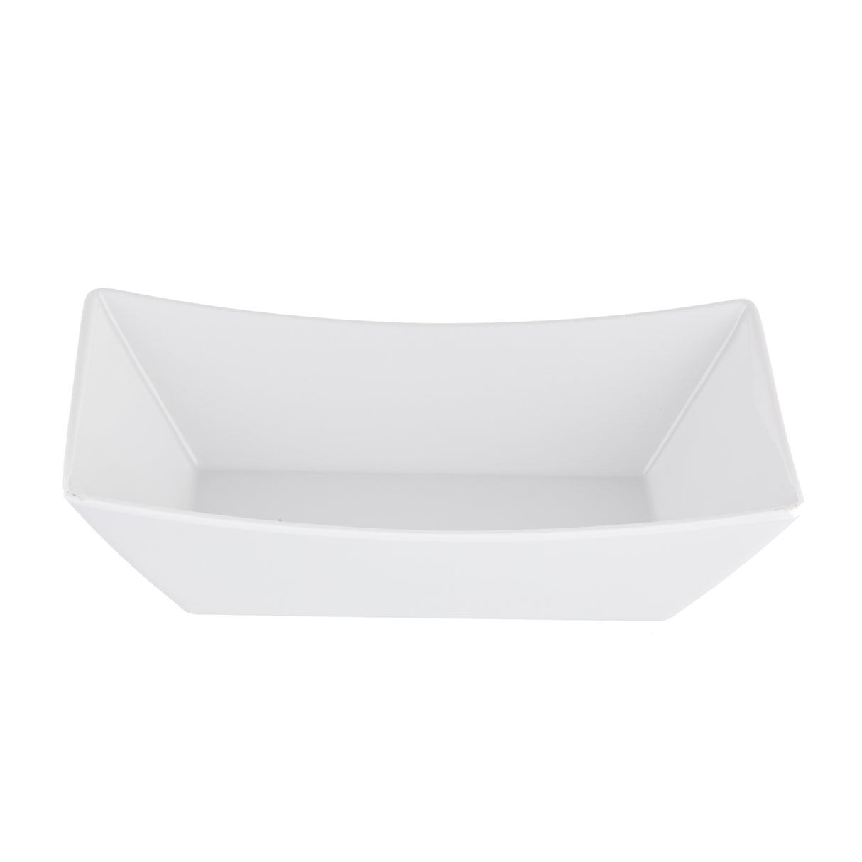 A plain, empty, white rectangular melamine fry tray with slightly outward-sloping sides and sharp corners sits against a white background. The tray features a smooth, glossy surface and showcases a modern, minimalist design.