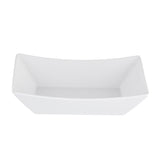 A plain, empty, white rectangular melamine fry tray with slightly outward-sloping sides and sharp corners sits against a white background. The tray features a smooth, glossy surface and showcases a modern, minimalist design.