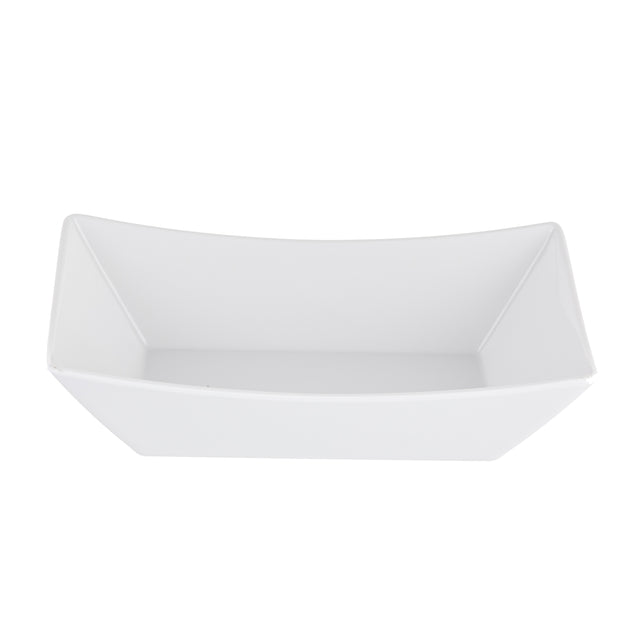 A plain, empty, white rectangular melamine fry tray with slightly outward-sloping sides and sharp corners sits against a white background. The tray features a smooth, glossy surface and showcases a modern, minimalist design.