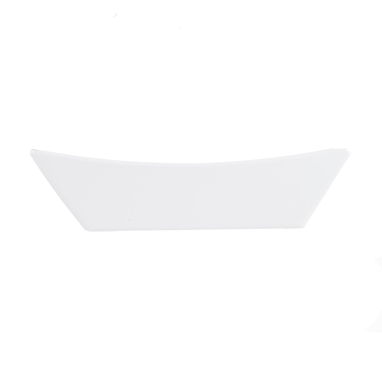 A white, rectangular, curved melamine fry tray with slightly flared sides is centered on a plain white background. The tray appears empty and features a minimalist, modern design with clean lines and smooth surfaces.