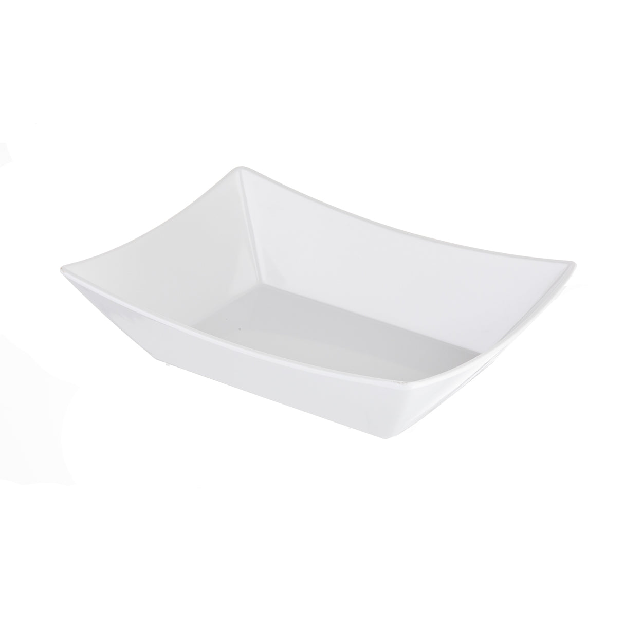 A white, rectangular melamine fry tray with slightly flared, angled sides and a smooth, glossy finish. This dishwasher safe fry tray features clean, modern lines and is perfect as a Better Burger Fry Tray for stylish serving.