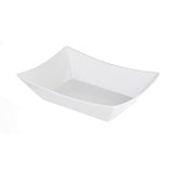 A white, rectangular melamine fry tray with slightly flared, angled sides and a smooth, glossy finish. This dishwasher safe fry tray features clean, modern lines and is perfect as a Better Burger Fry Tray for stylish serving.