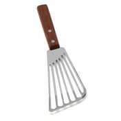 A Fish Turner featuring a slotted blade and sturdy wood handle secured with two rivets. The wide, flat, angled design is perfect for flipping or serving foods like fish or pancakes. Set against a plain white background.