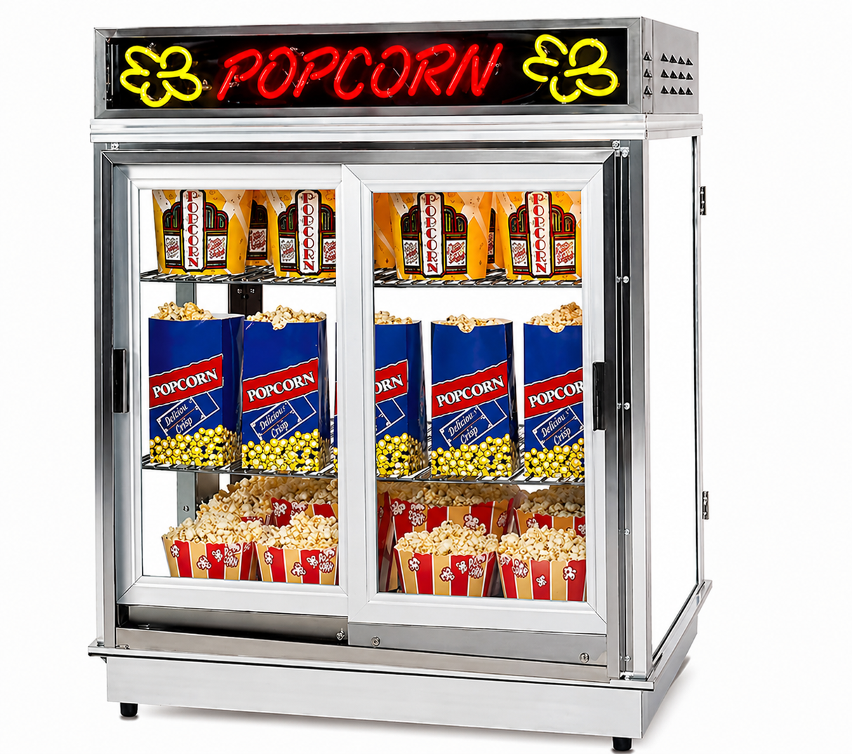 A large silver popcorn shelf warmer with a glass front displays bags and boxes of popcorn. The top has a red neon POPCORN sign with yellow popcorn illustrations, while the corn freshener system keeps the ready-to-serve popcorn fresh on the shelves.