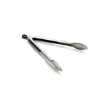 A pair of ergonomic stainless steel kitchen tongs with scalloped edges and black silicone grip handles, shown open and angled on a white background.