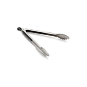 A pair of ergonomic stainless steel kitchen tongs with scalloped edges and black silicone grip handles, shown open and angled on a white background.