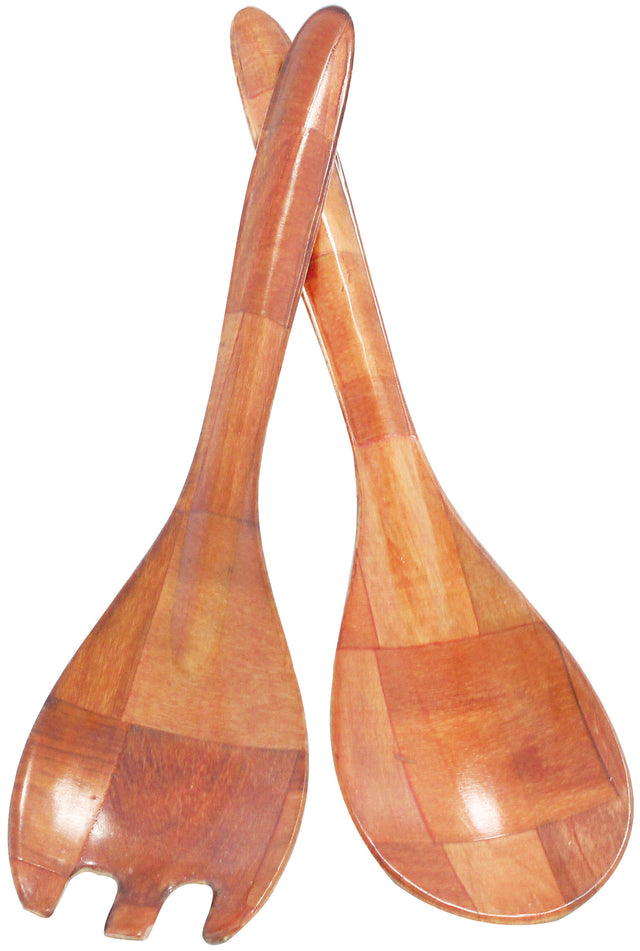 Two mahogany salad utensils—a 12" Spoon & Fork Set—are crossed. One is a spoon with a shallow bowl; the other, a spork with three tines. Both feature a polished finish, visible wood grain, and warm honey-brown tones.