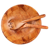 A round, 12" mahogany salad bowl with a patchwork pattern is shown from above. Resting inside are a matching Spoon & Fork Set, crossed at the handles and featuring a warm, natural wood grain finish.