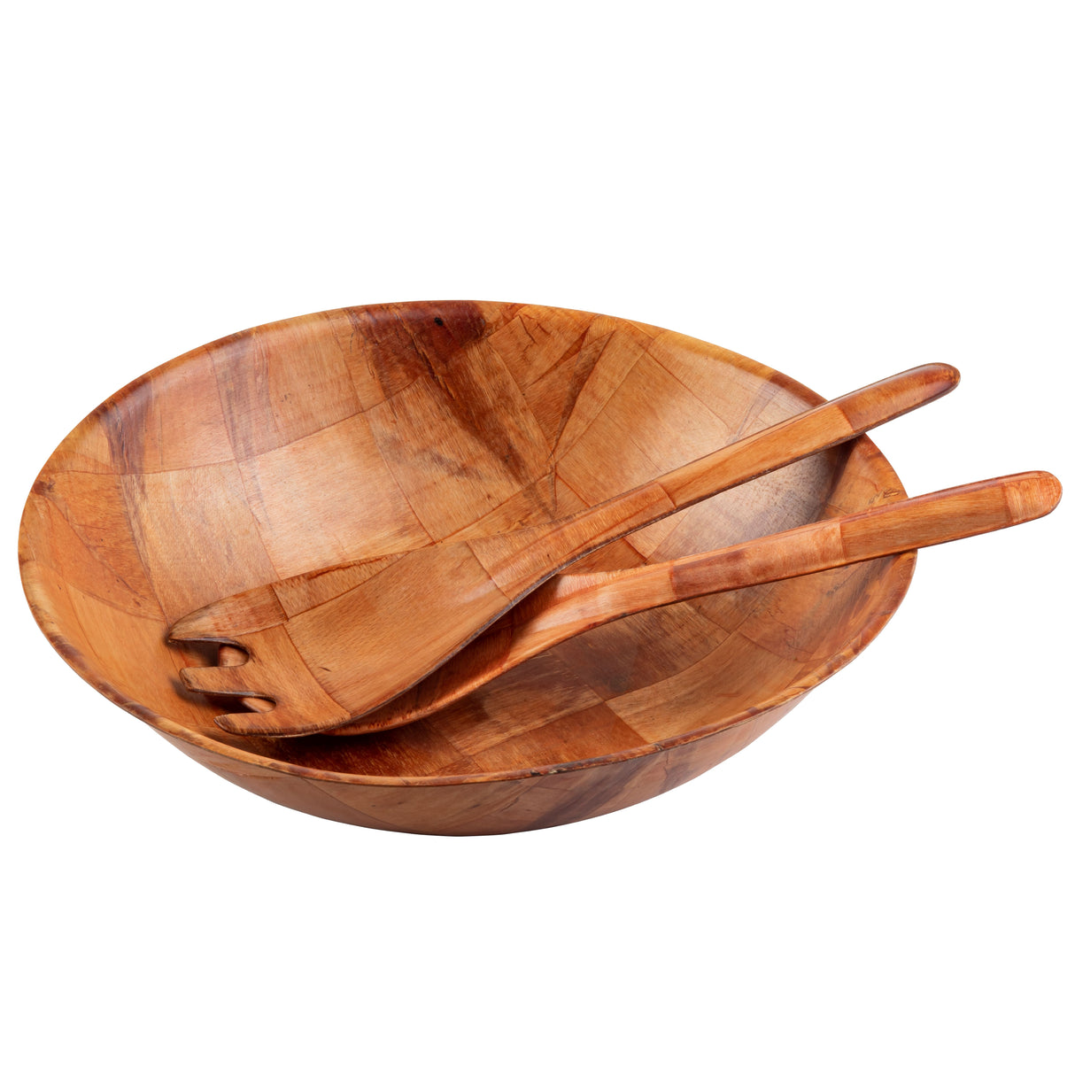 A round mahogany salad bowl with a matching 12" Spoon & Fork Set rests inside, set against a plain white background. The visible wood grain highlights its natural, polished finish.