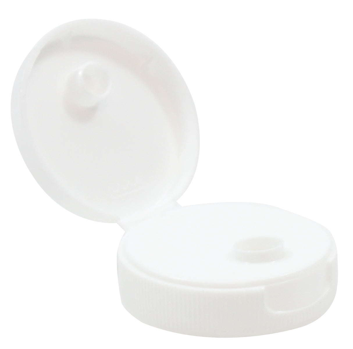 A close-up of a 38mm squeeze bottle hinged top, shown open. The circular lid is hinged at the back, revealing a small dispensing hole in the center—ideal for bottles containing liquids like shampoo, lotion, or soap.