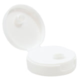 A close-up of a 38mm squeeze bottle hinged top, shown open. The circular lid is hinged at the back, revealing a small dispensing hole in the center—ideal for bottles containing liquids like shampoo, lotion, or soap.