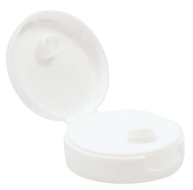 A close-up of a 38mm squeeze bottle hinged top, shown open. The circular lid is hinged at the back, revealing a small dispensing hole in the center—ideal for bottles containing liquids like shampoo, lotion, or soap.