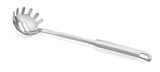A stainless steel pasta grabber with a long handle and a slotted, hollowed spoon head featuring curved prongs; the utensil is dishwasher safe and has a hole at the end for hanging. Positioned diagonally on a white background.