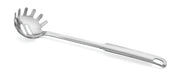 A stainless steel pasta grabber with a long handle and a slotted, hollowed spoon head featuring curved prongs; the utensil is dishwasher safe and has a hole at the end for hanging. Positioned diagonally on a white background.