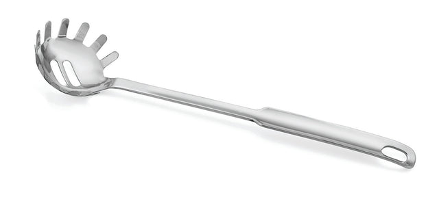A stainless steel pasta grabber with a long handle and a slotted, hollowed spoon head featuring curved prongs; the utensil is dishwasher safe and has a hole at the end for hanging. Positioned diagonally on a white background.